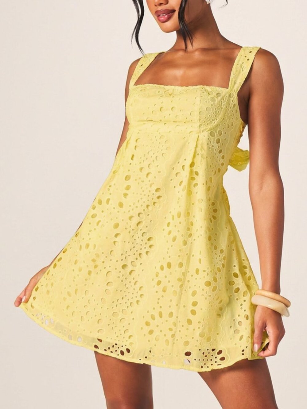 Yellow Chic Women's Bow Back Square Neck Babydoll Flowy Sundress